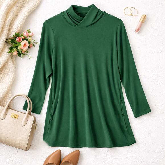 Susan Graver Emerald Green Liquid Knit Tunic Top A Line Turtleneck Size M NWOT - Picture 3 of 8